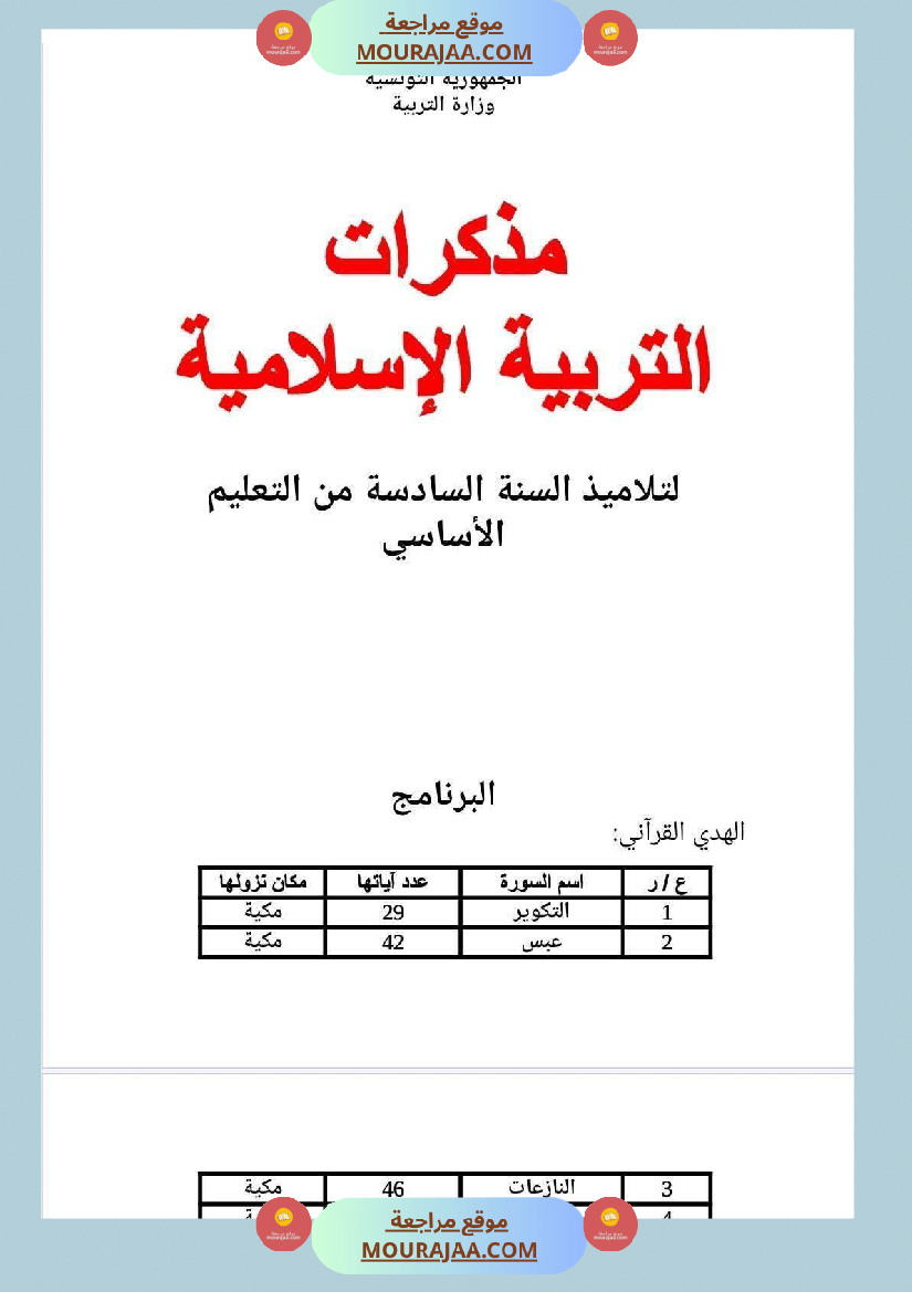 مذكرات التربية الإسلامية السنة السادسة